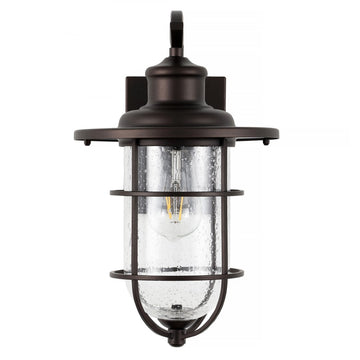 Westfield 10.5" Iron/Seeded Glass Rustic Industrial Cage LED Outdoor Lantern - JONATHAN Y